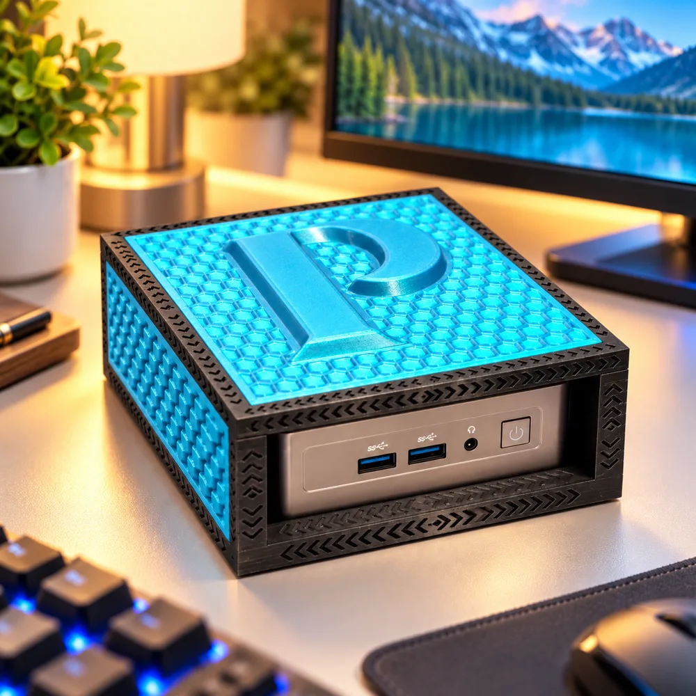 Blue Edition Glyphcase with a raised letter P on a desk