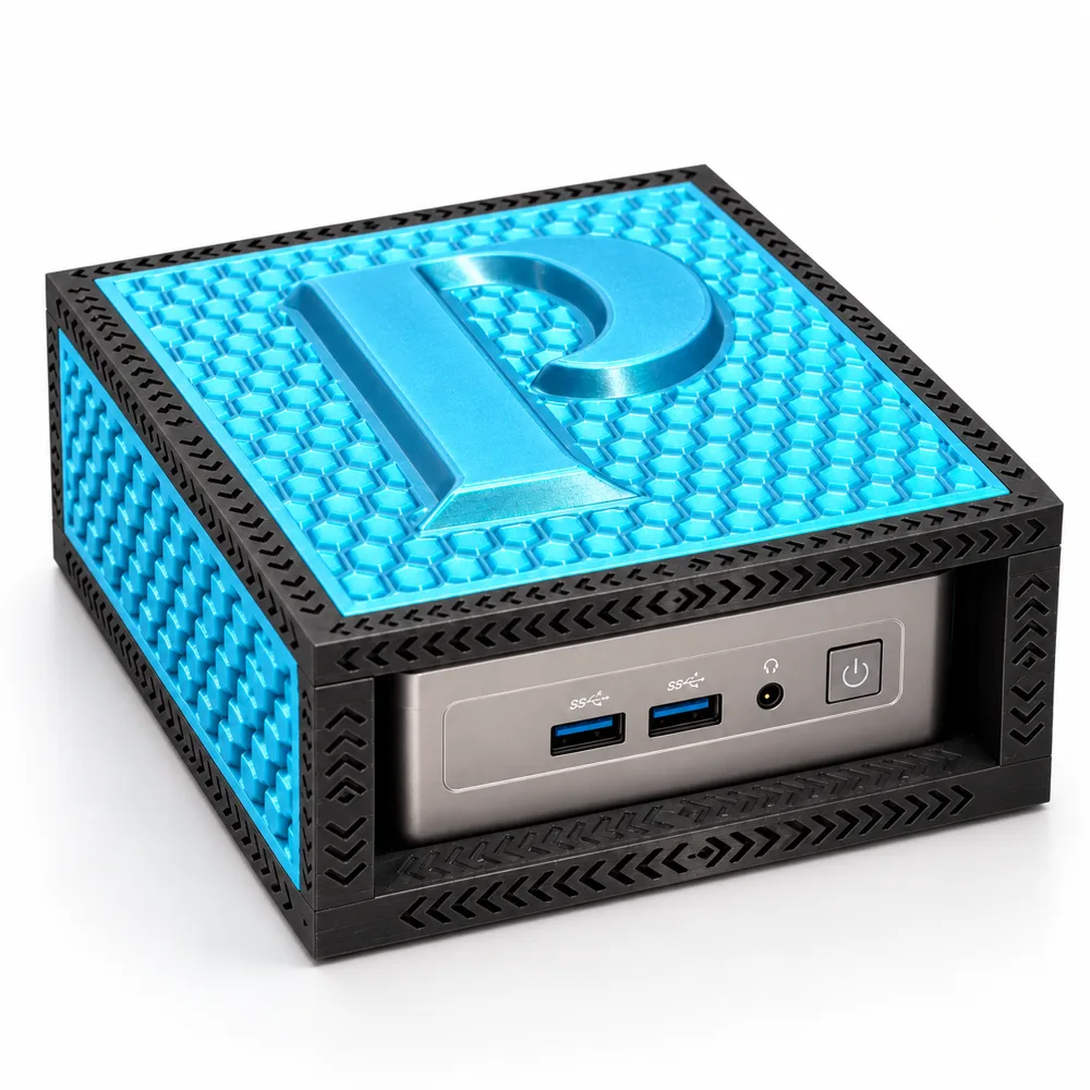 Blue Edition case with a raised letter P on blue honeycomb panels
