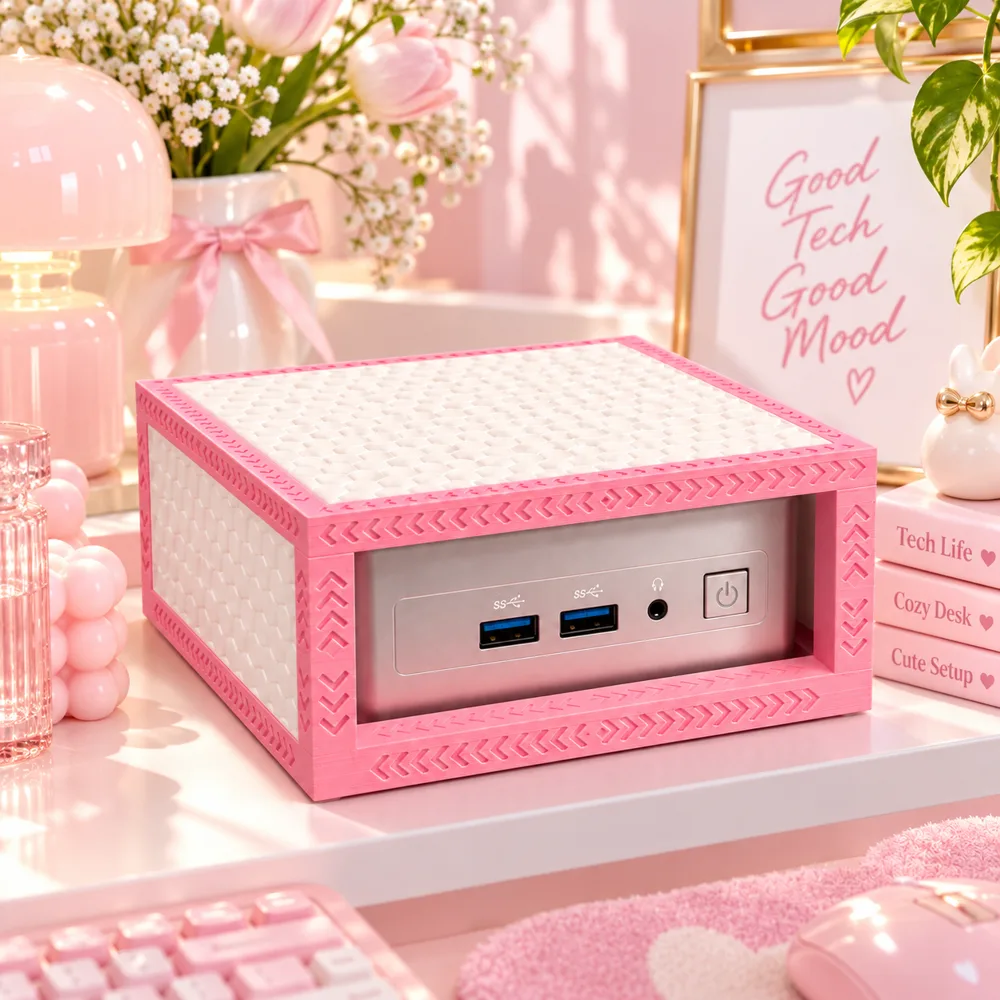 Pink and Pearl Glyphcase on a pink desk with flowers