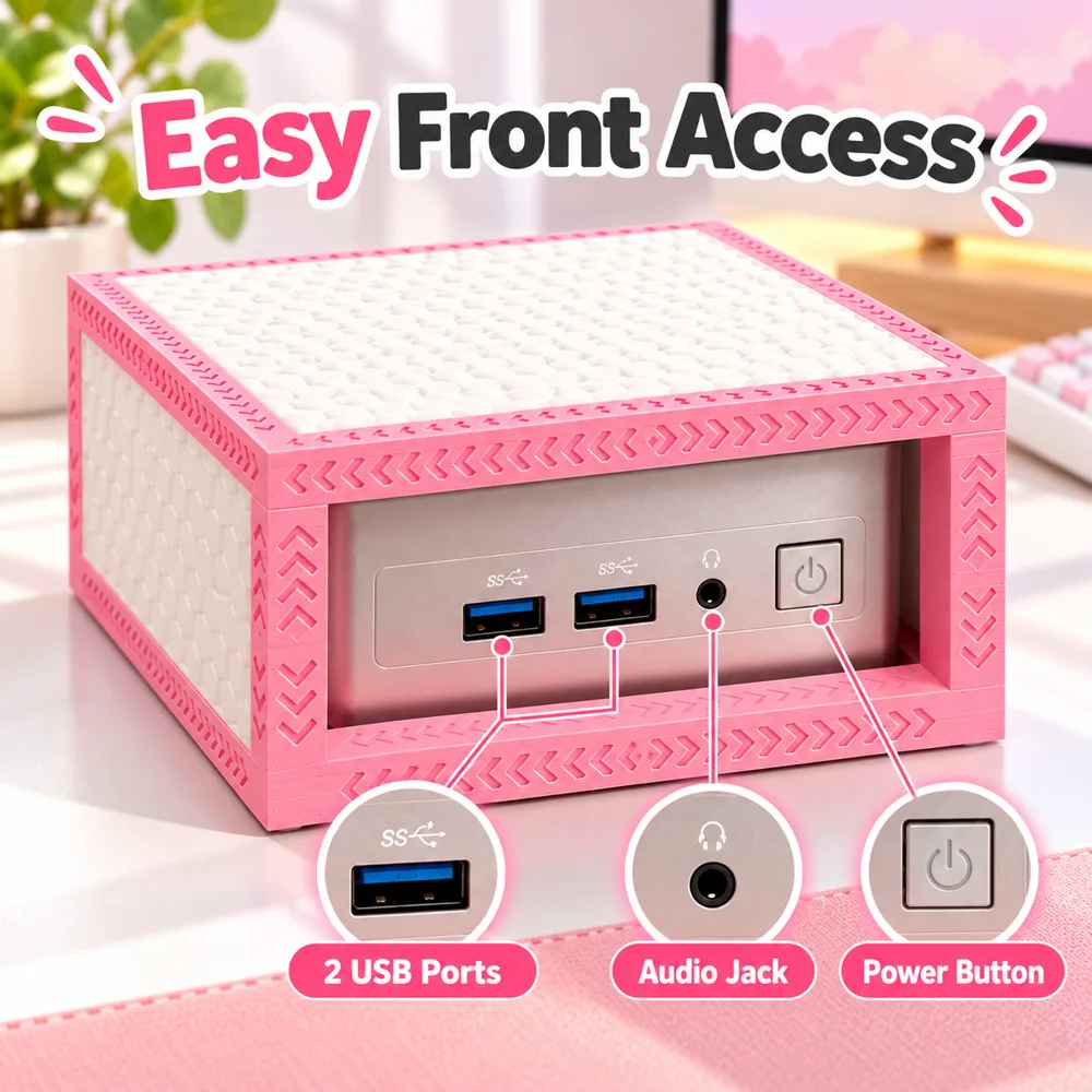 Front of the case showing two USB ports, audio jack and power button
