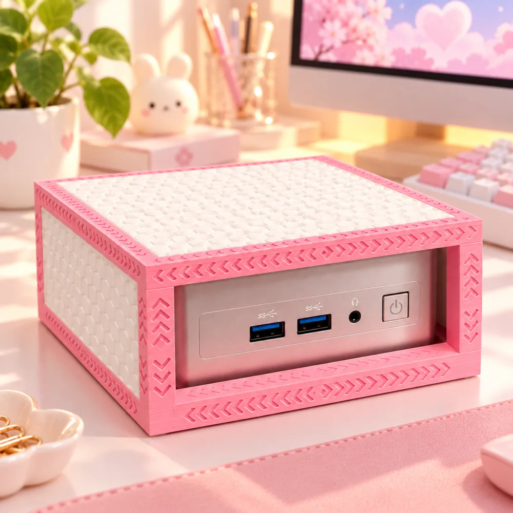 Pink and Pearl Glyphcase next to a monitor and keyboard