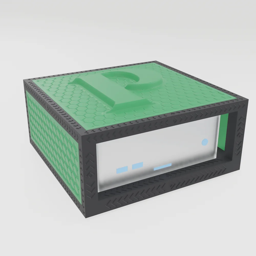 Glyphcase with green dragon scale panels, a black frame and a raised letter P