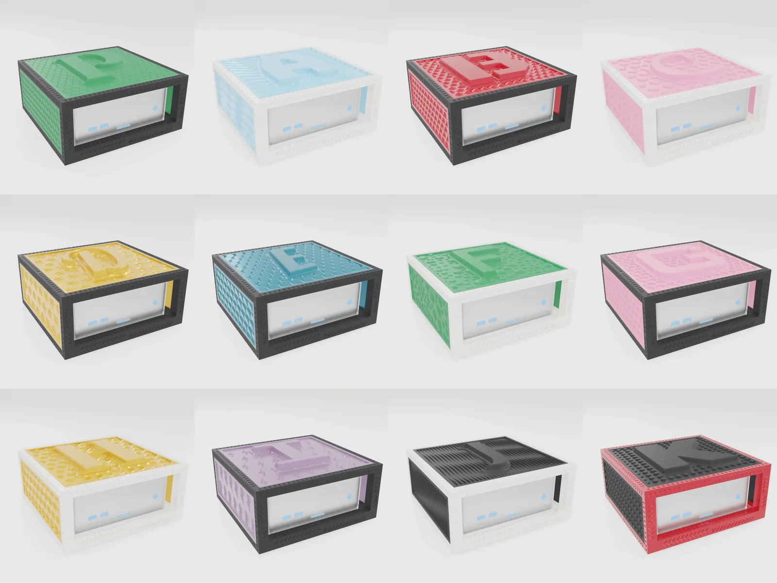 Several Glyphcase designs lined up